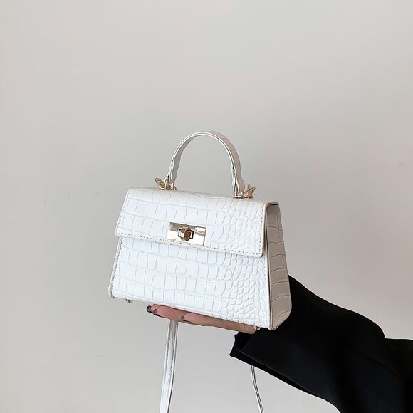 White Elegant Women's Mini Crocodile Embossed Flap Square Handbag - Picture 2 of 8